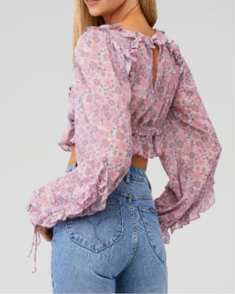 Floral Ruffle Crop Top with Puff Sleeves - Image 2