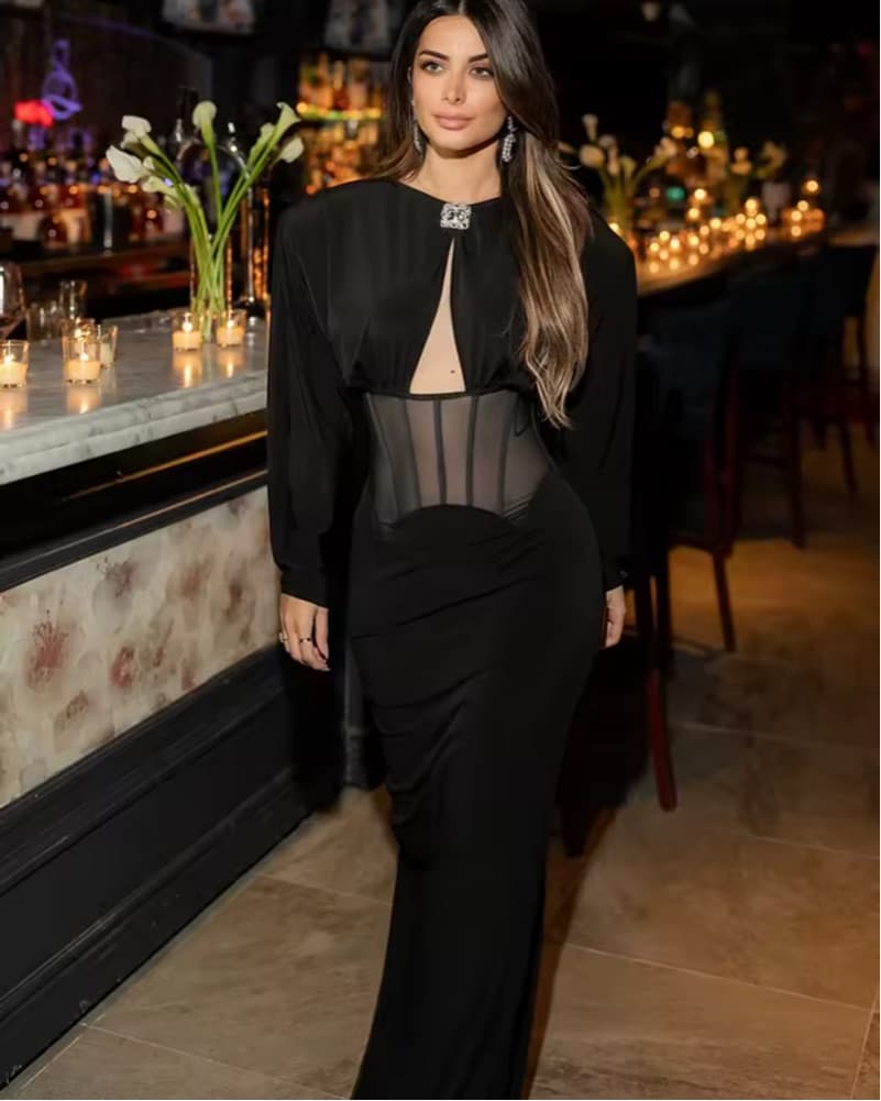 Elegant Black Sheer-Panel Evening Dress - Image 5