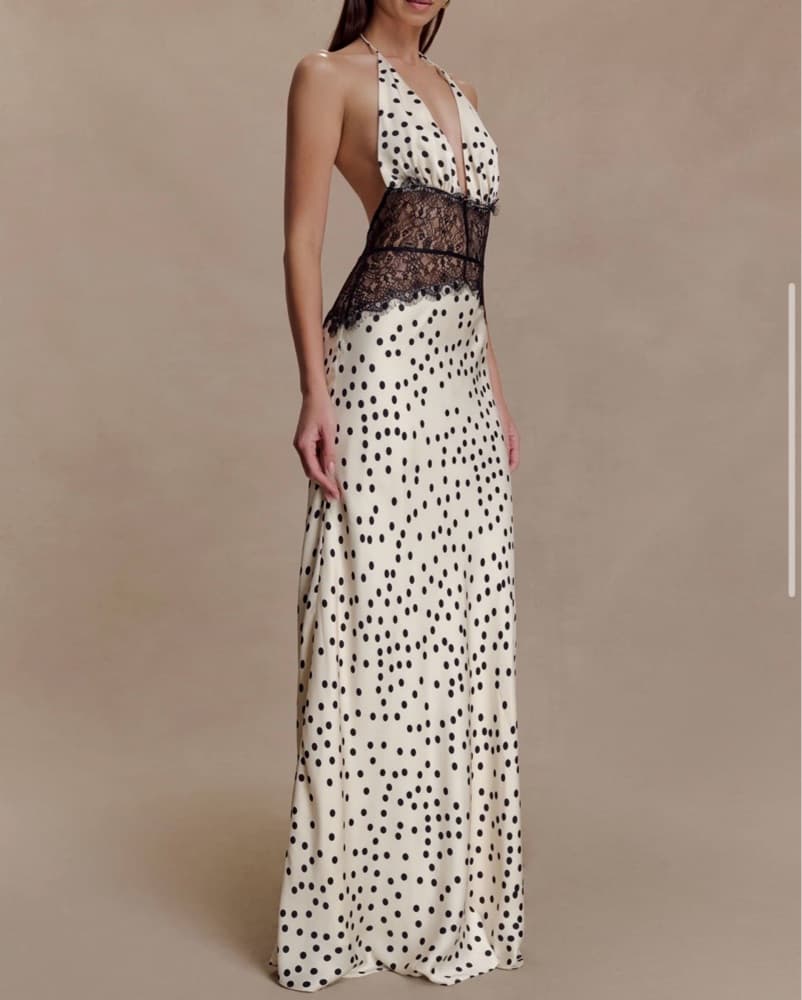 Lace And Satin Maxi Dress - Polkadot - Image 3