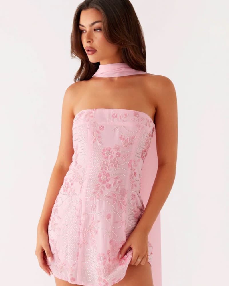Kiesha Strapless Scarf Mini Dress - Pink - Image 4