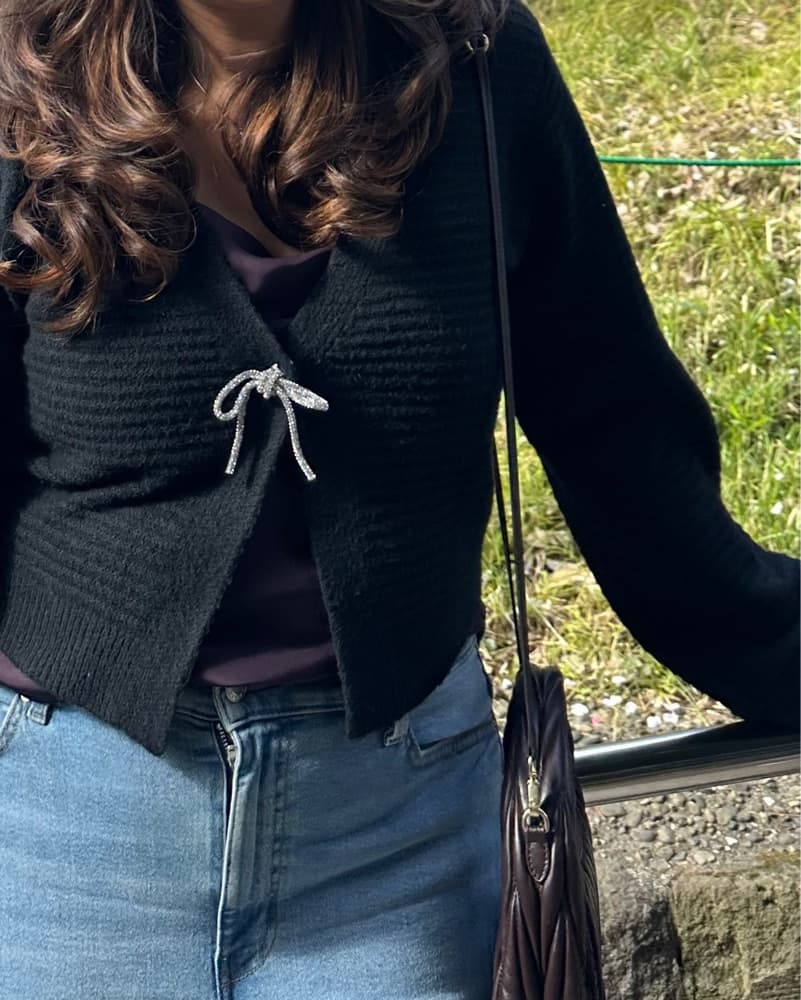 Cozy Ribbed Sparkle Bow Knit Cardigan - Image 4