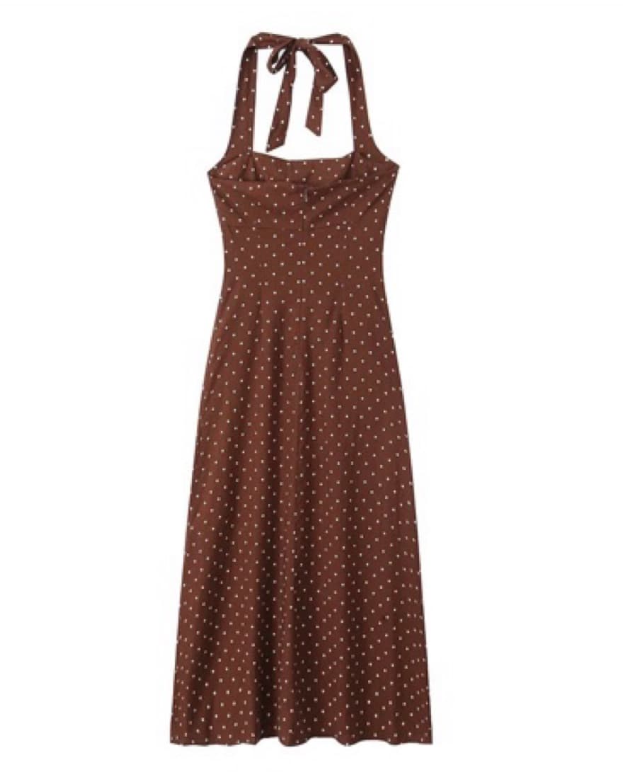 Brown Polka Dot Halter Midi Dress  - Image 2