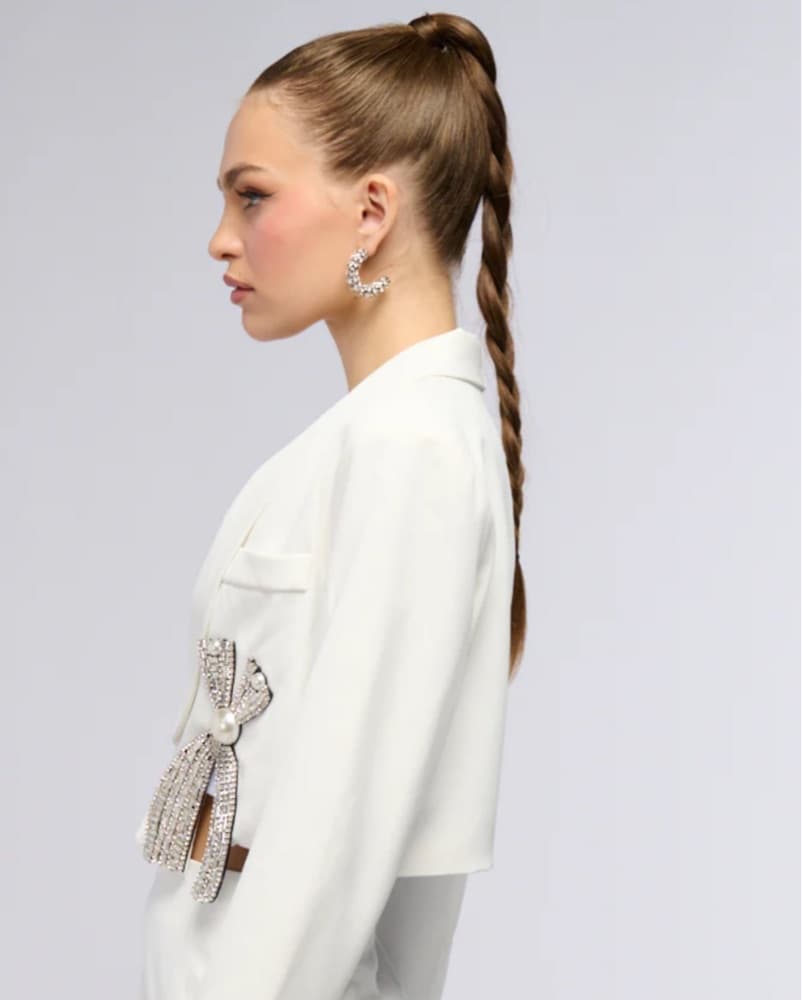 White Cropped Crystal Trim Blazer  - Image 4