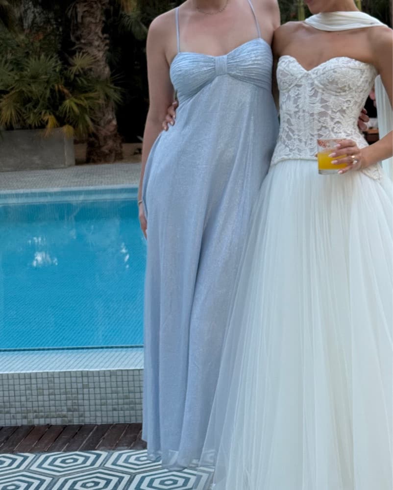 Silk Blend Silver/Blue Maxi Dress - Image 3