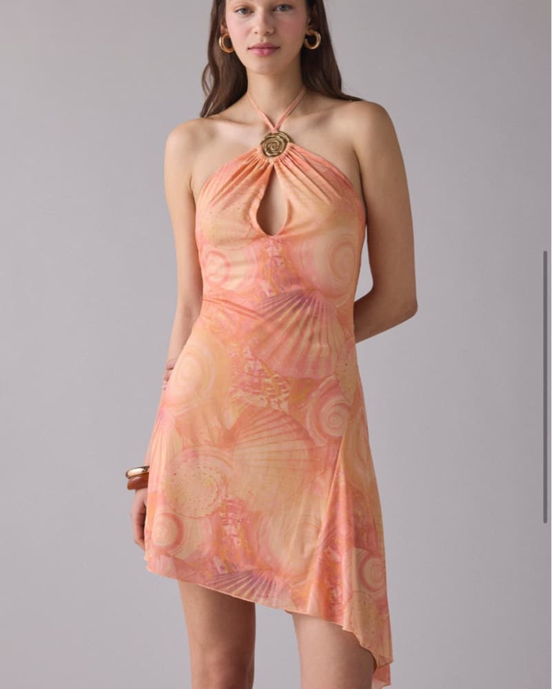 Orange Shell Print Mesh Halter Dress - Image 4