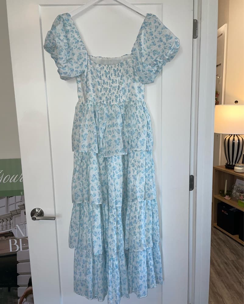 Blue and White Floral Ruffle Dress - Image 4