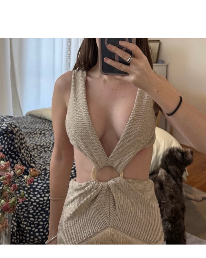 Taupe Fringed Cutout Maxi Dress - Image 3
