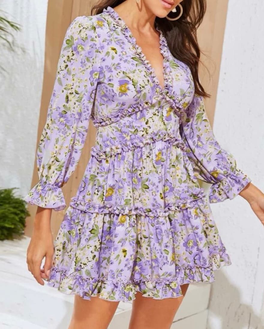 Purple Floral Dress w/trim detail - Image 1