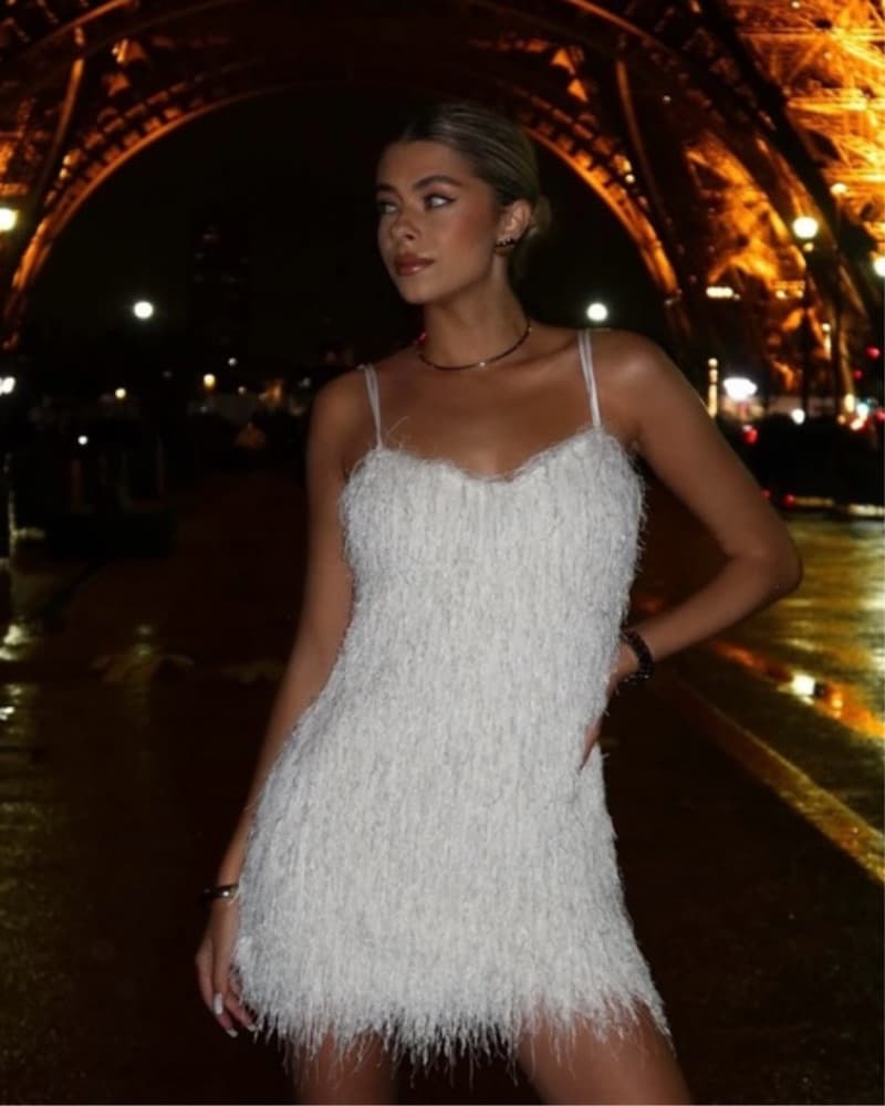White Feathered Fringed Mini Dress  - Image 2