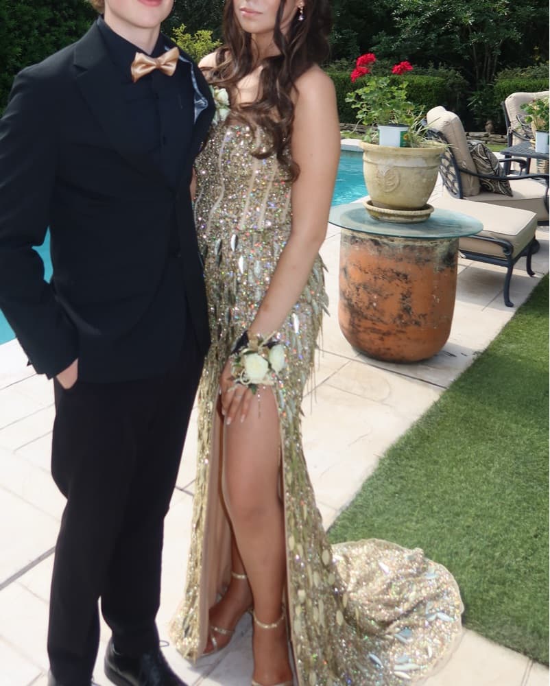 Shimmering Gold Sequin Slit Gown - Image 1