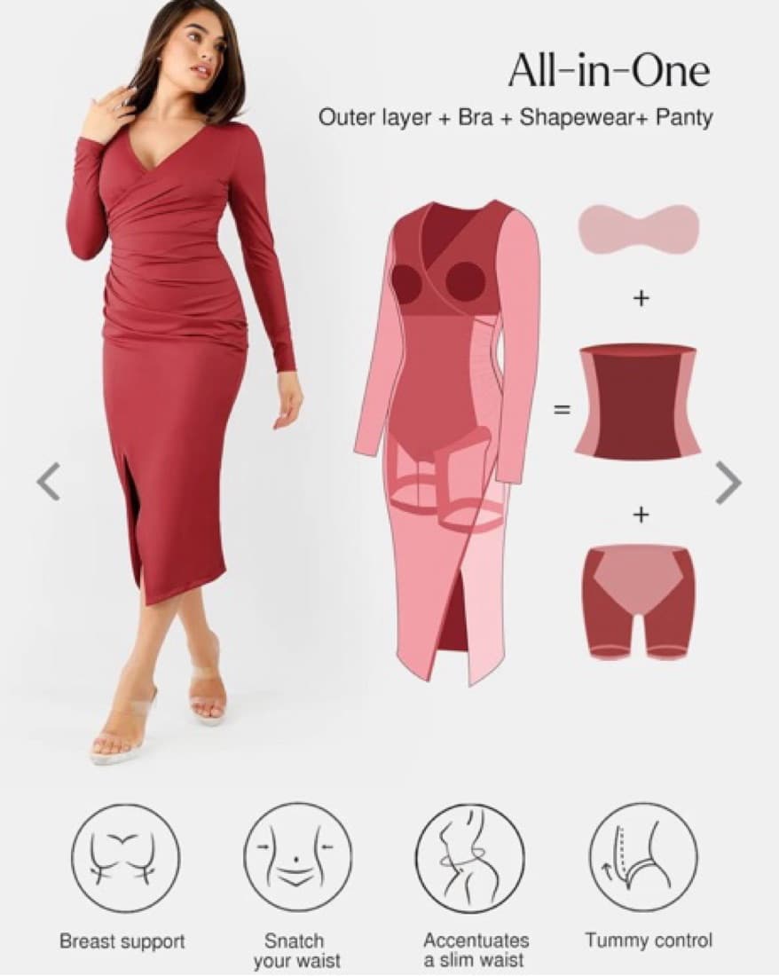 Shapewear Ruched Long Sleeve Faux Wrap S - Image 2