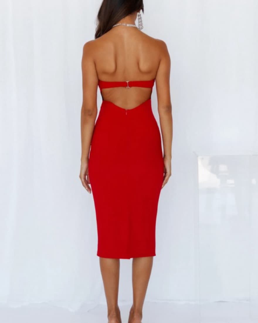 Stunning Red Strapless Midi Dress - Image 4
