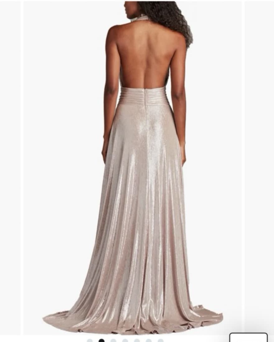 Elegant Metallic Pleated Halter Gown - Image 5