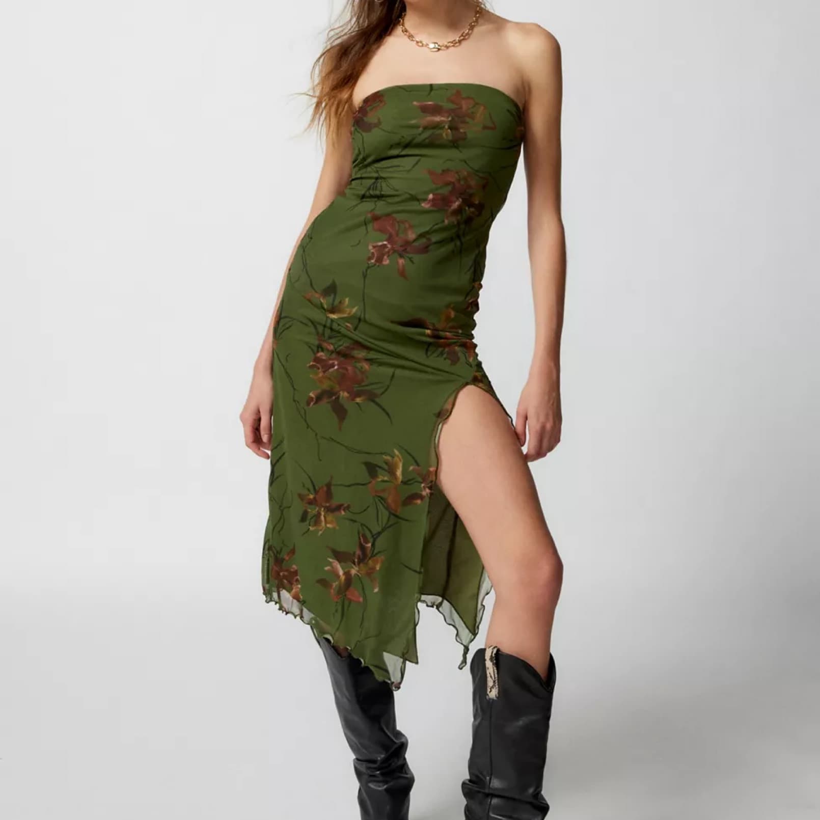 UO Mesh Strapless Midi Dress - Image 1