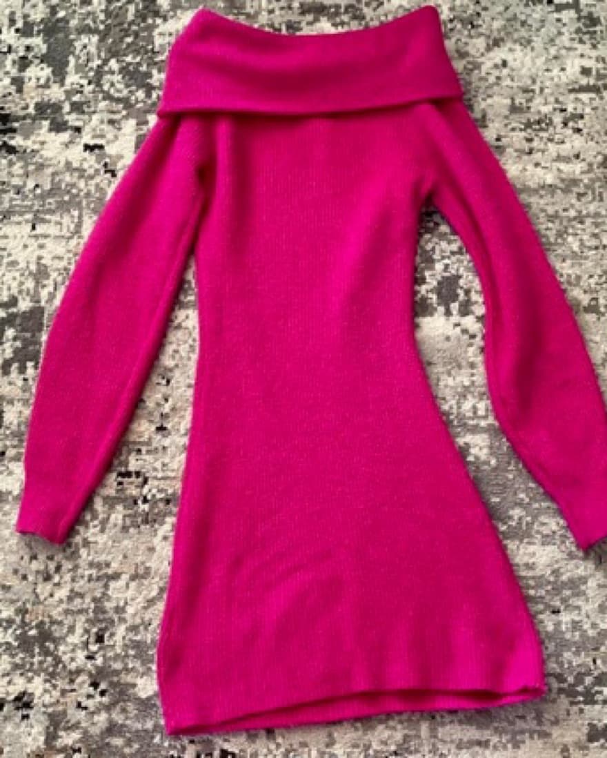 Knit Off Shoulder Pink/Fuchsia Dress - Image 2