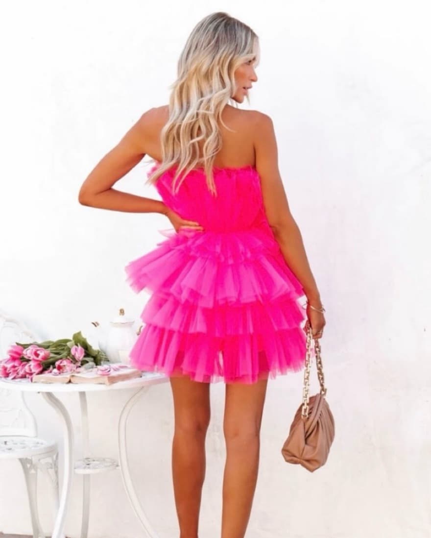 Hot Pink Strapless Tulle Mini Dress - Image 2