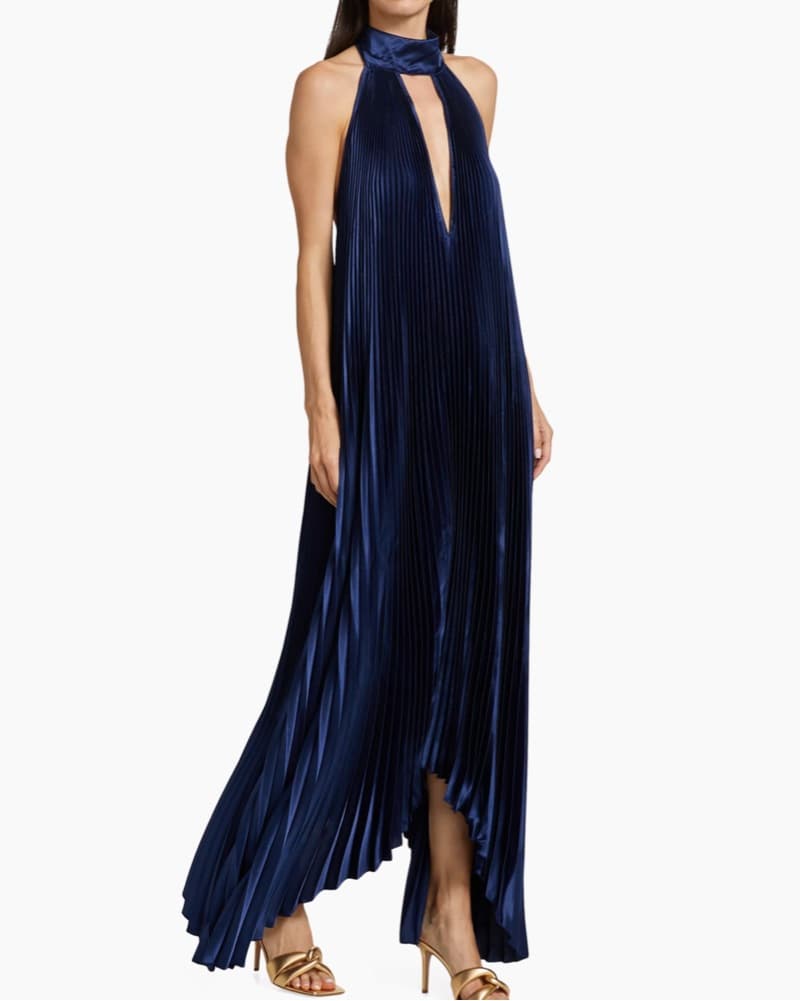 L'Idée Navy Blue Pleated Maxi Dress - Image 1