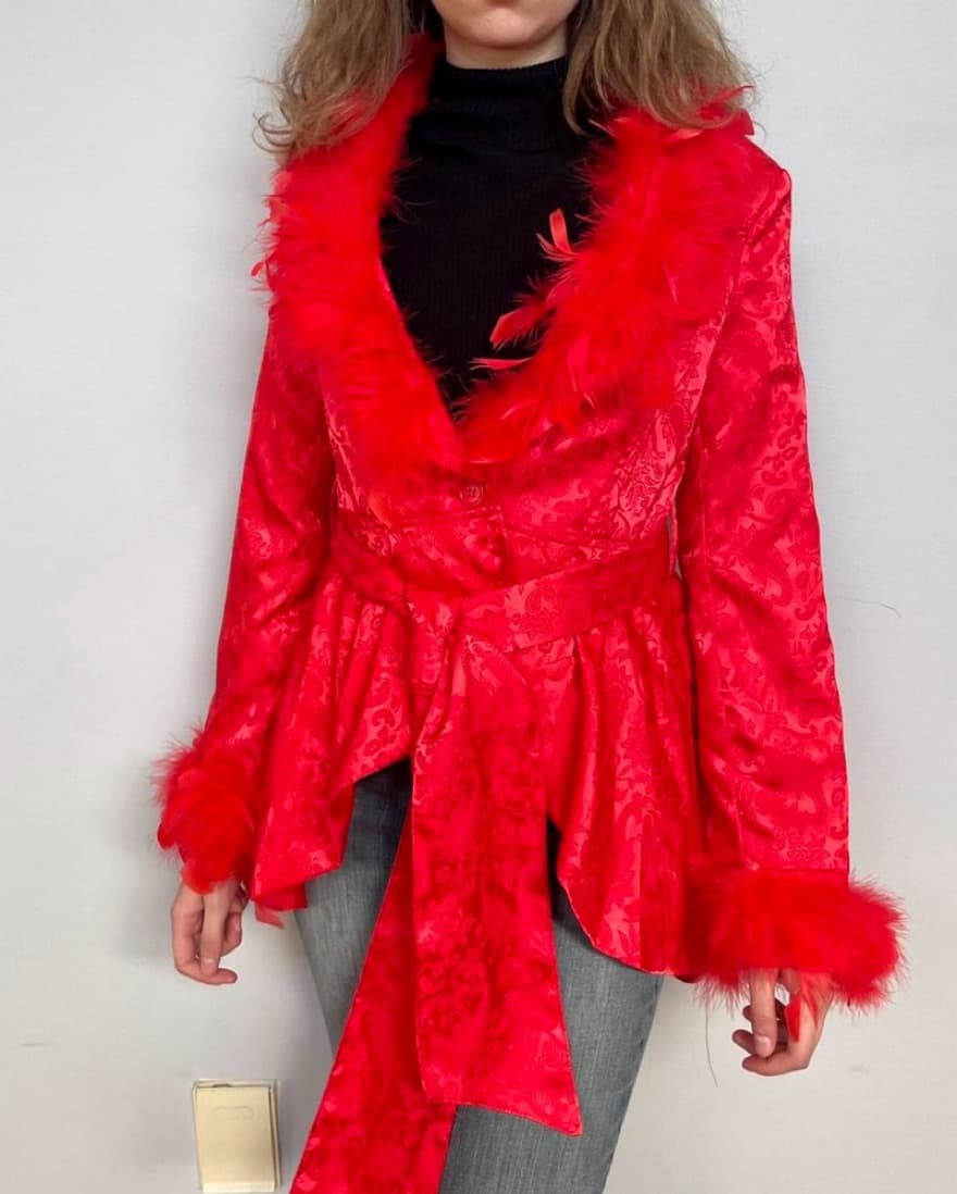 Dolls Kill Red Brocade Coat FauxFur Trim - Image 5