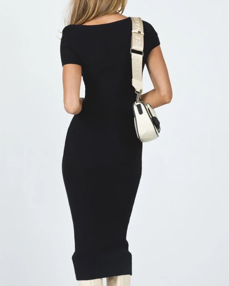 Black Ribbed Knit Off-Shoulder Midi Dress - Image 4