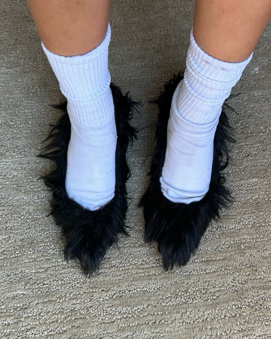 Black Fur Fuzzy Pointed Kitten Heels  - Image 1