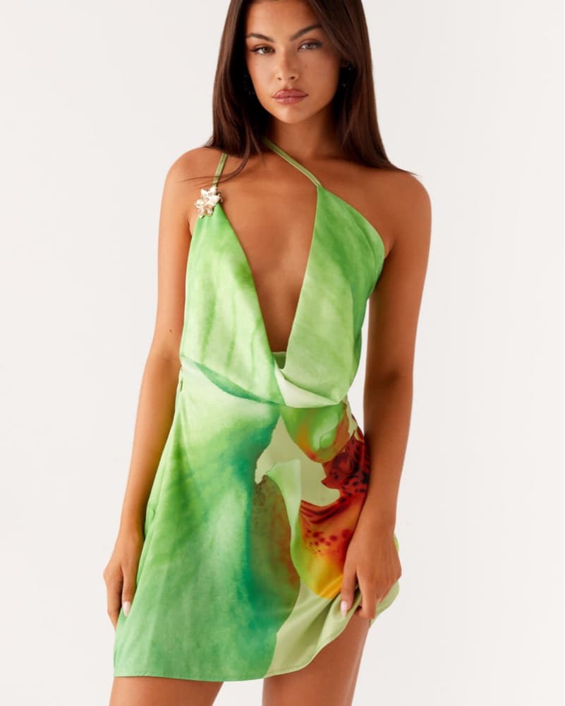 Green Floral Satin Mini Dress - Image 1