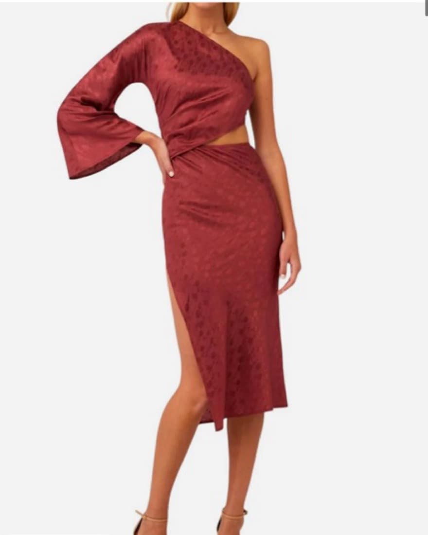 Burgundy One-Shoulder Midi Dress - Image 1