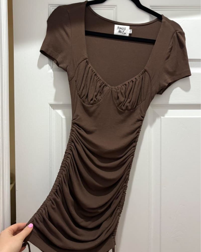 Ruched Brown Bodycon Dress - Image 2