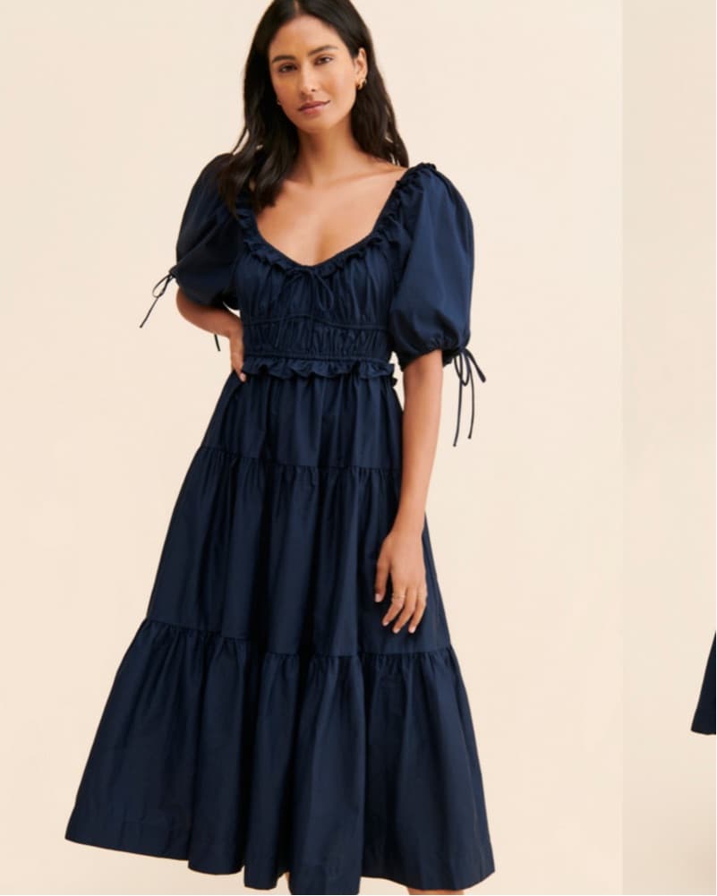 Navy Tiered Puff Sleeve Midi Dress - Image 1