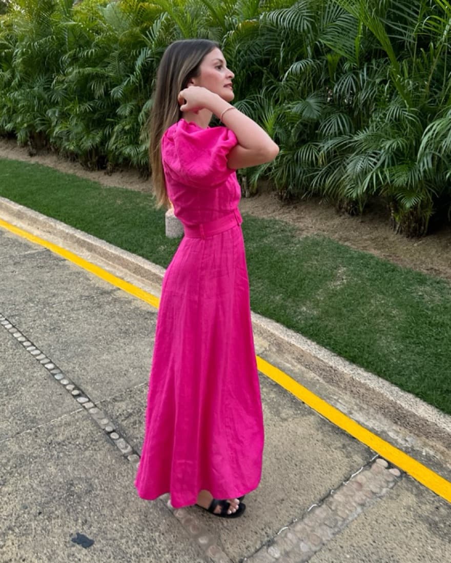Linen Puff Sleeve Midi Dress - Image 3
