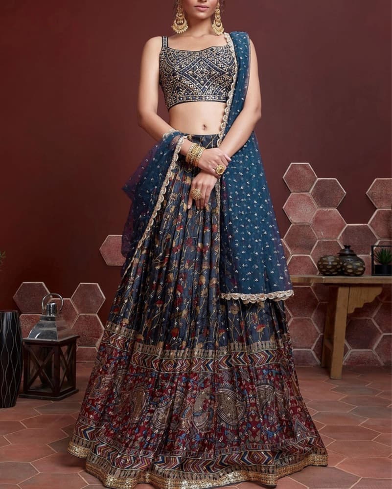 Blue Silk Lehenga With Top And Scarf - Image 1