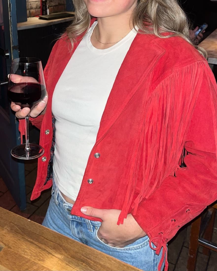 Vintage Red Leather Fringe Jacket - Image 2