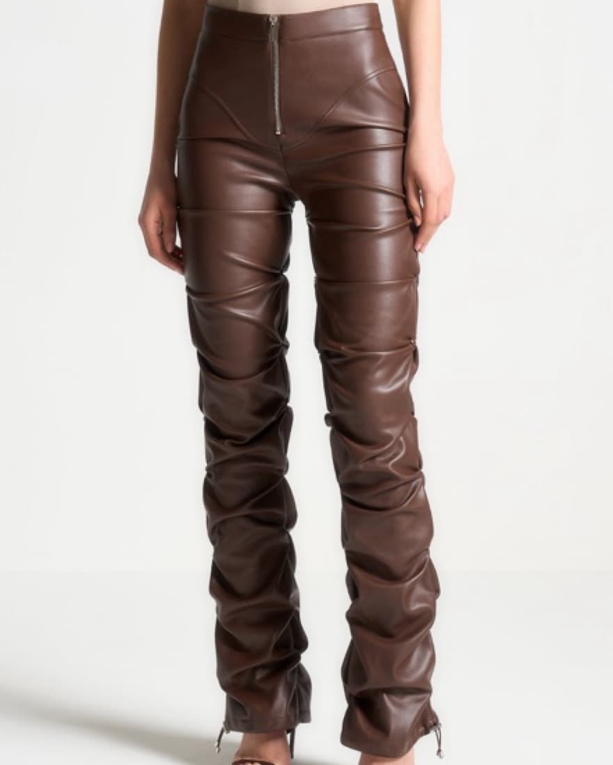 Tacked Leather Flared Trousers - Chocola - Image 1
