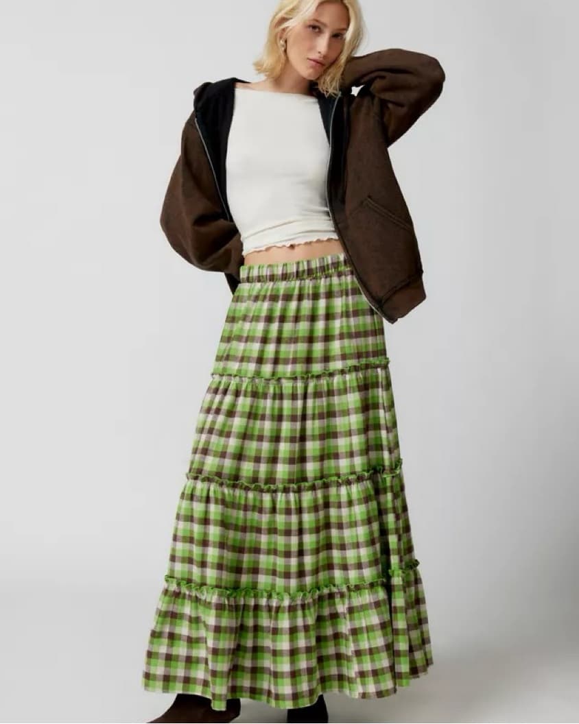 UO Plaid Tiered Maxi Skirt - Image 1