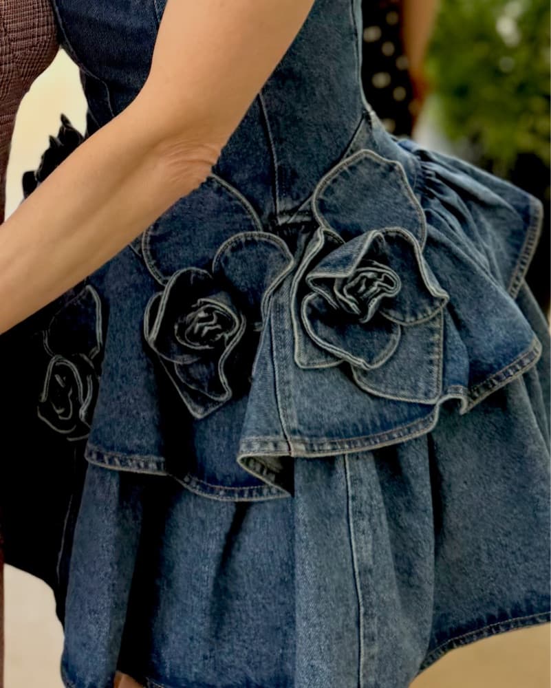 Denim Peplum Dress with Floral Accents - Image 3