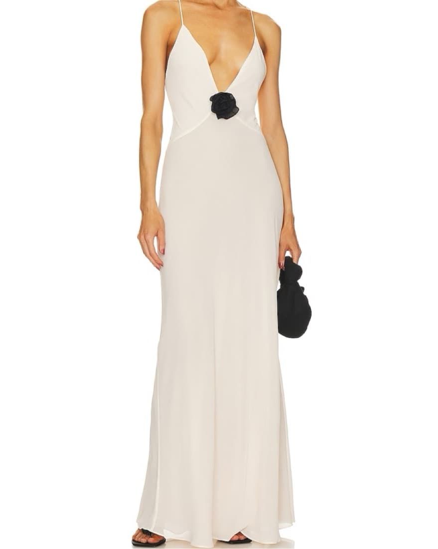 Helsa Sheer Deep V Long Slip Dress Cream - Image 1