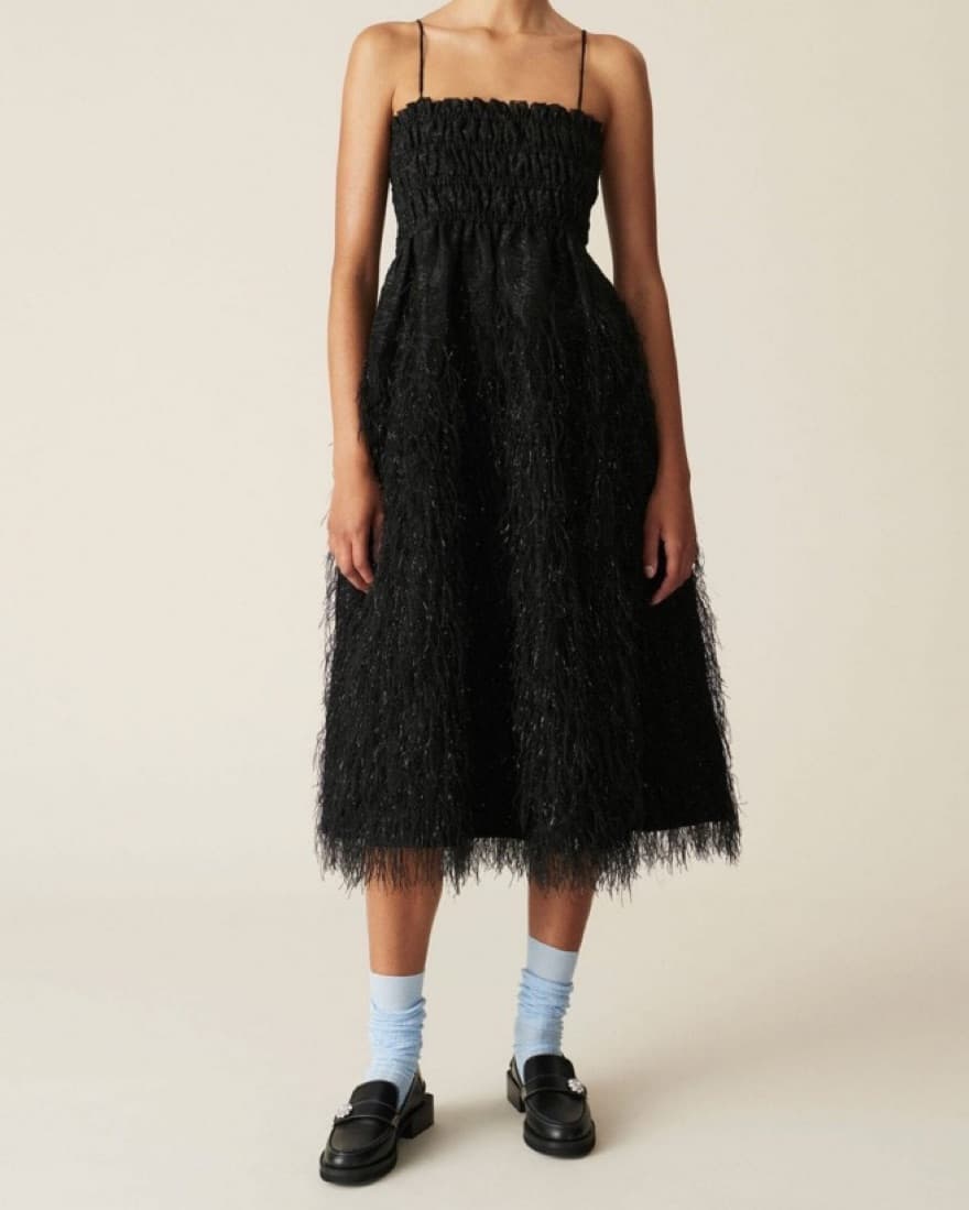 Ganni Feather-Trimmed Brocade Midi Dress - Image 2
