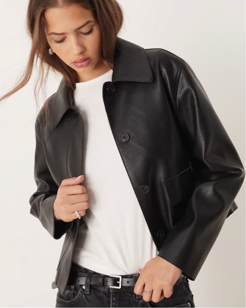 Mango faux leather boxy jacket in black - Image 1