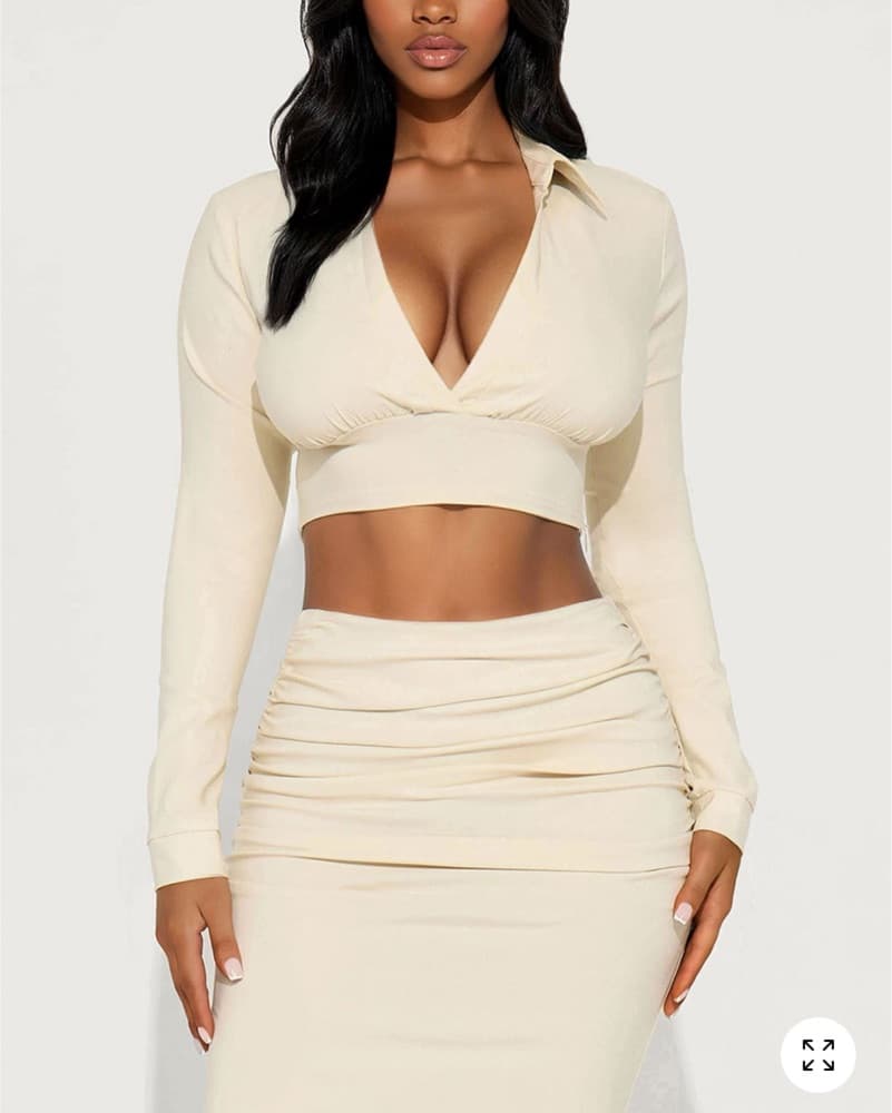 Chic Cream Wrap Crop Top and Ruched Midi Skirt Set - Image 2