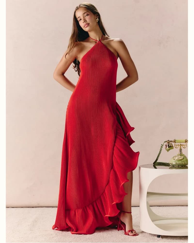 PLT SATIN PLISSE FRILL DETAIL MAXI DRESS - Image 1