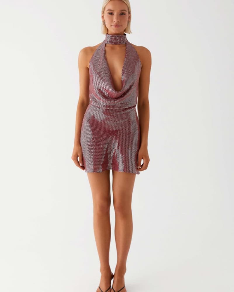 Red Sequin Low Neck Mink Dress  - Image 1