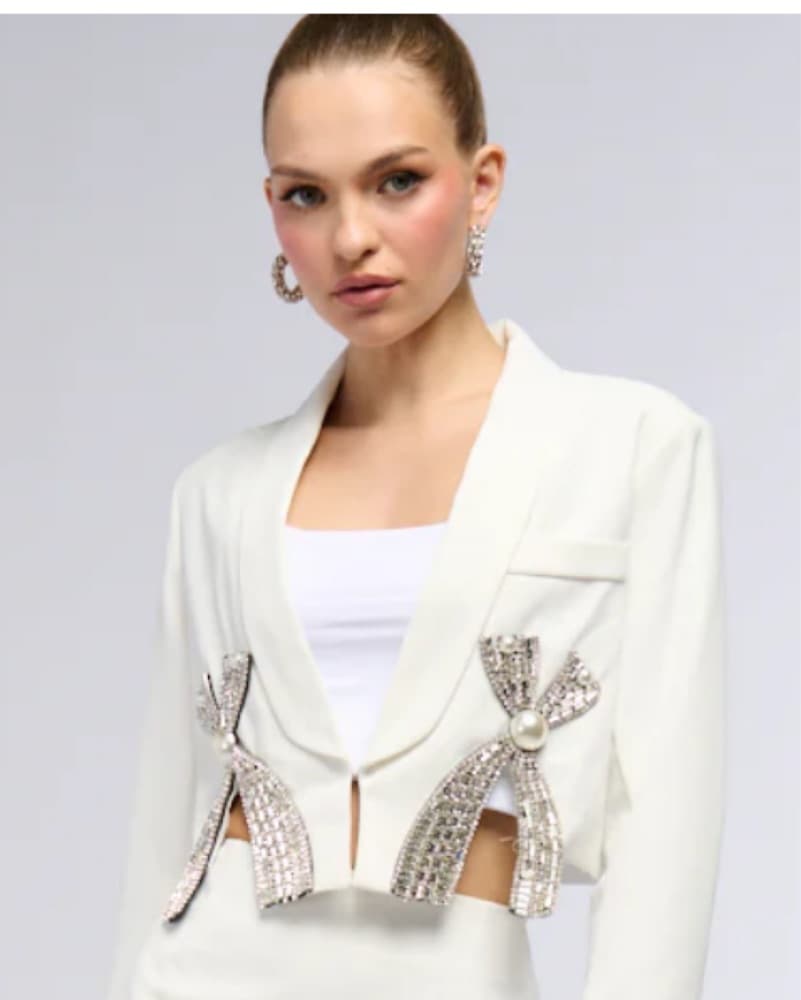 White Cropped Crystal Trim Blazer  - Image 3