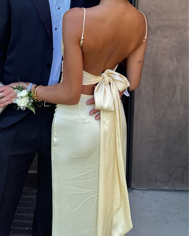 Butter Yellow Satin Gown with Bow Back - Image 1