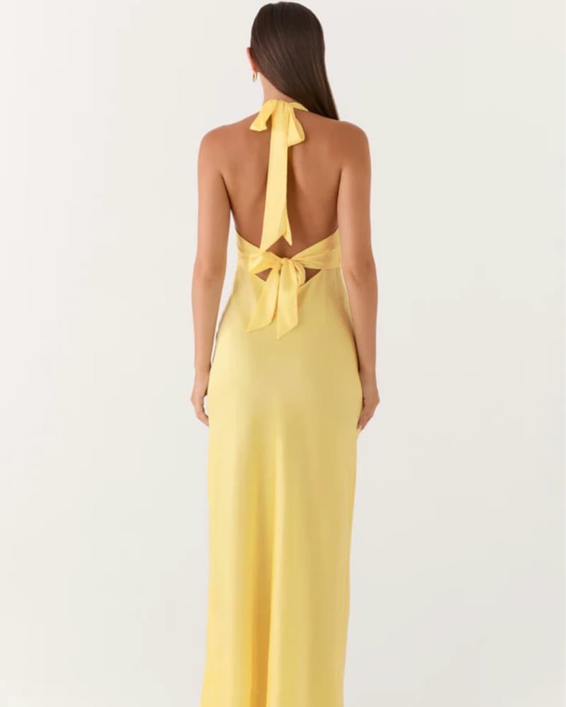 Butter Yellow Halter Satin Dress - Image 4