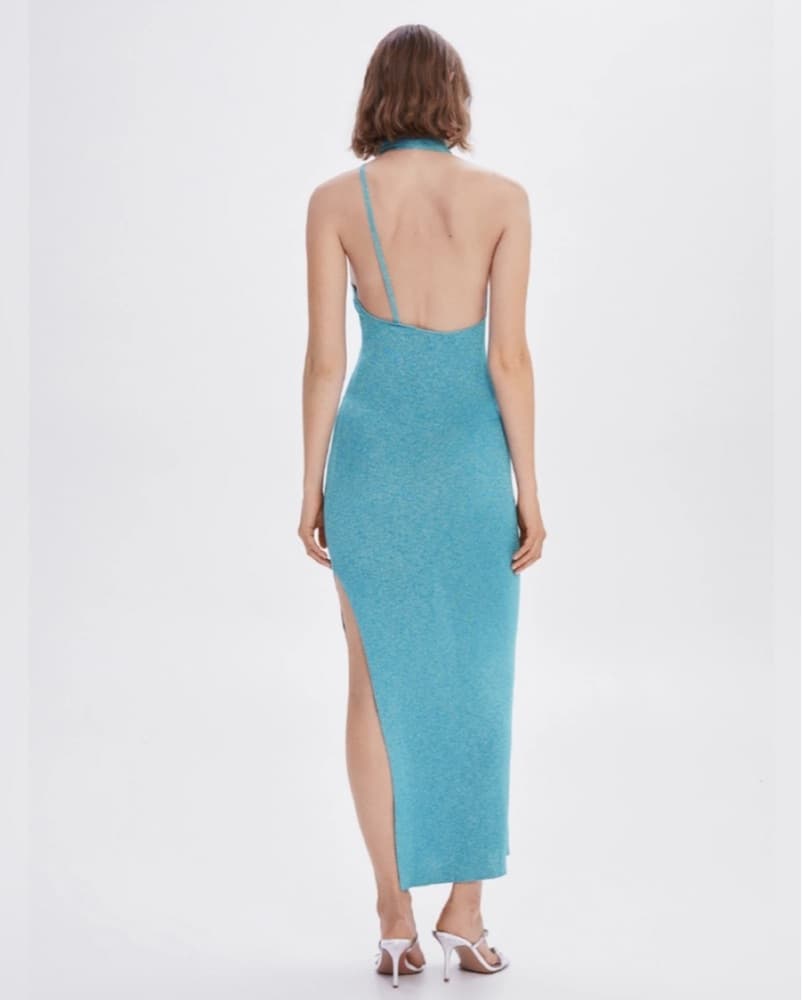 Sparkly Blue Maxi Dress W Neck Scarf - Image 2