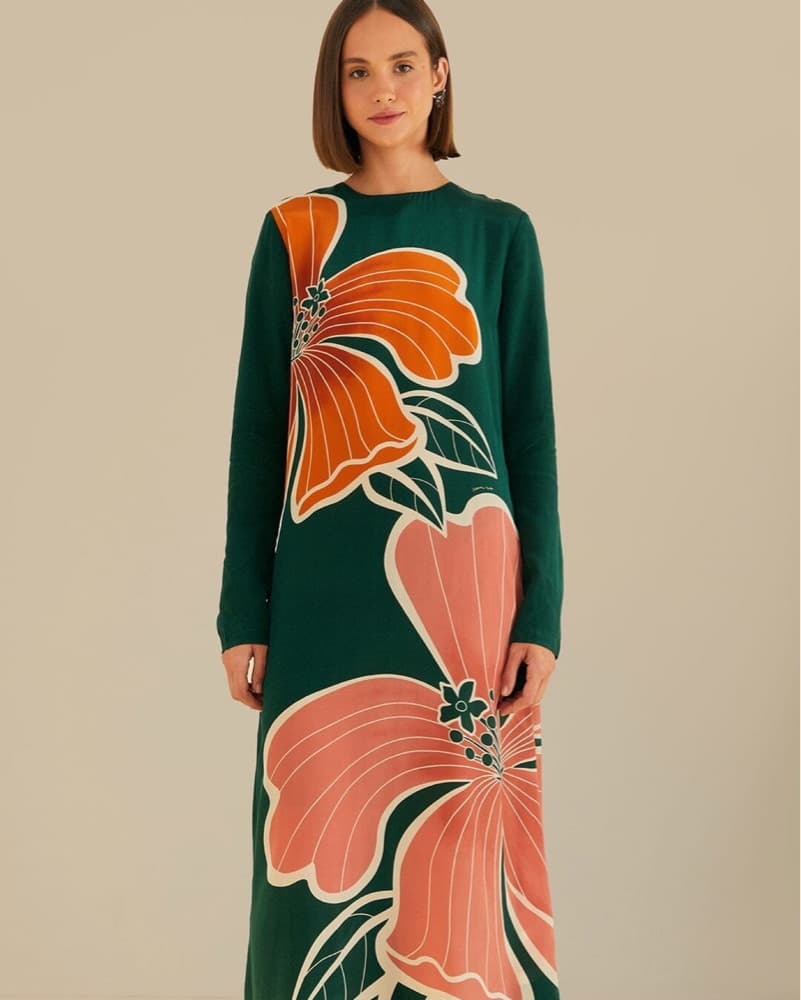 Green Honolulu Flowers Long Sleeve Maxi  - Image 2