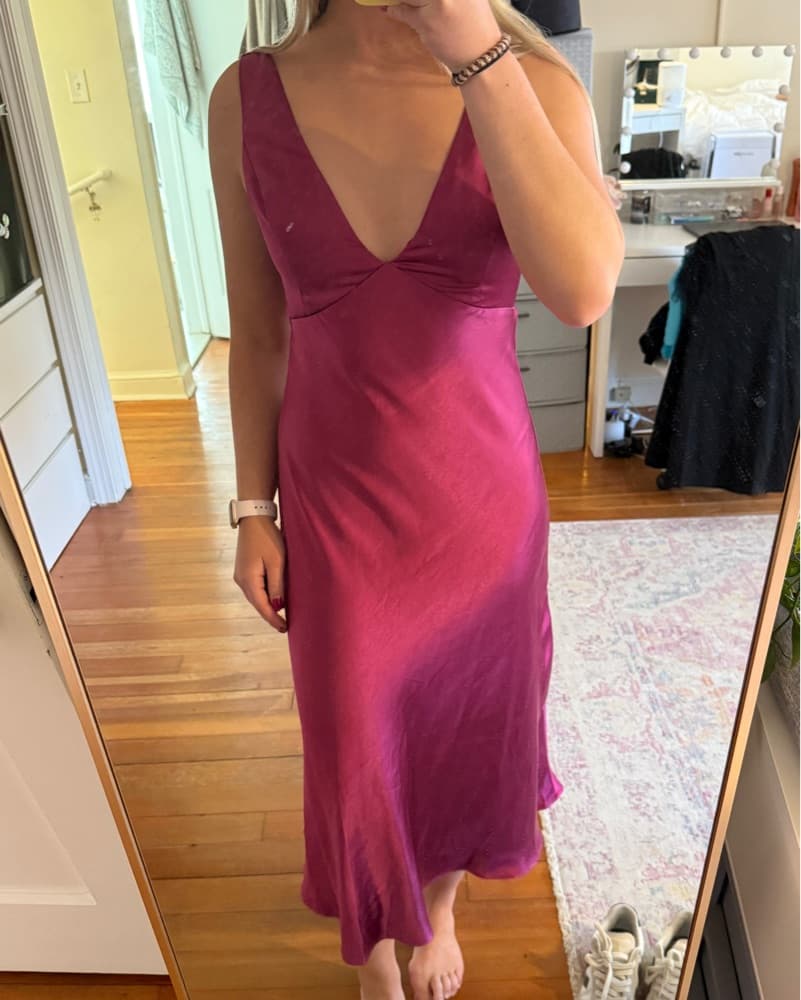 Hot Pink Satin V-neck Low Back Dress - Image 3