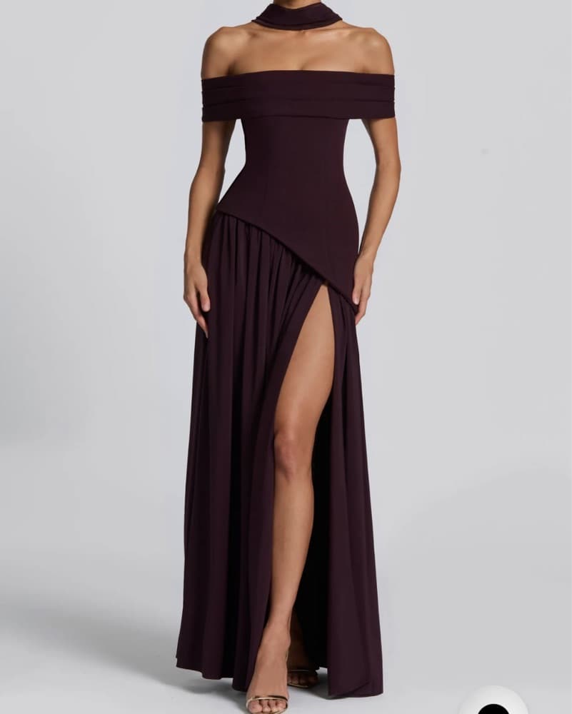 Elegant Plum Off-Shoulder Maxi Dress - Image 2