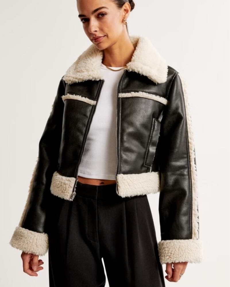 Faux Leather / Sherpa Trim Crop Jacket - Image 1