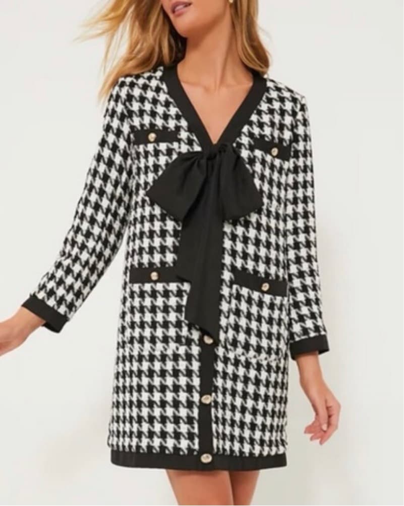 Houndstooth Print Bow Tie Dress - Image 2