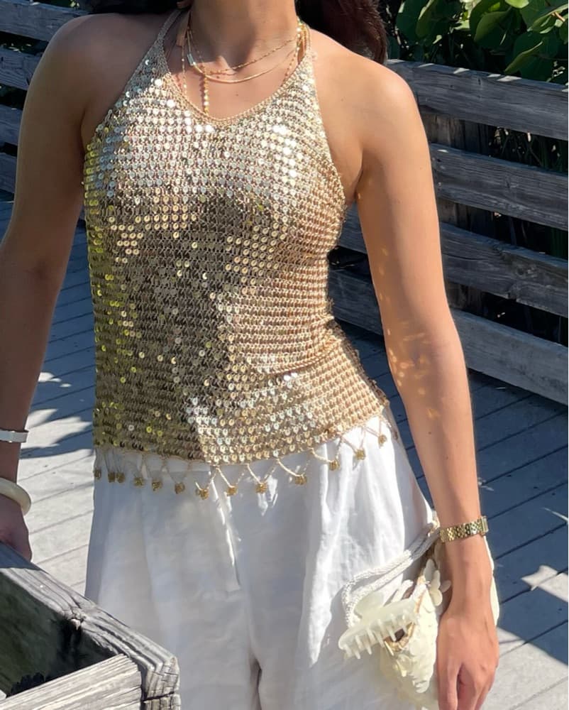 Golden Sequin Crochet Tank Top - Image 1